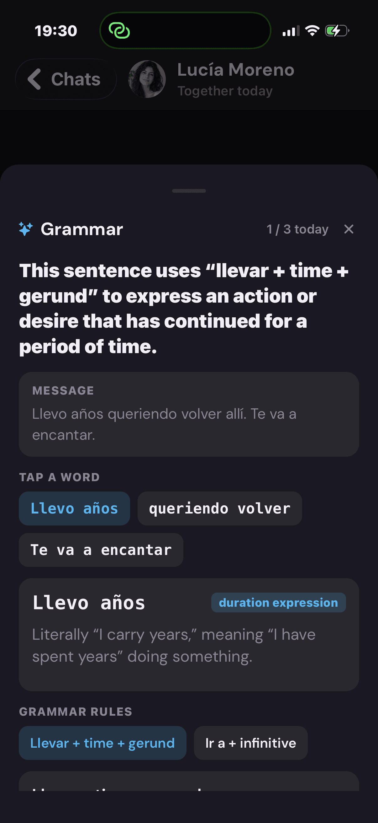 Langu explains the Spanish grammar in a message and lets you explore individual words.